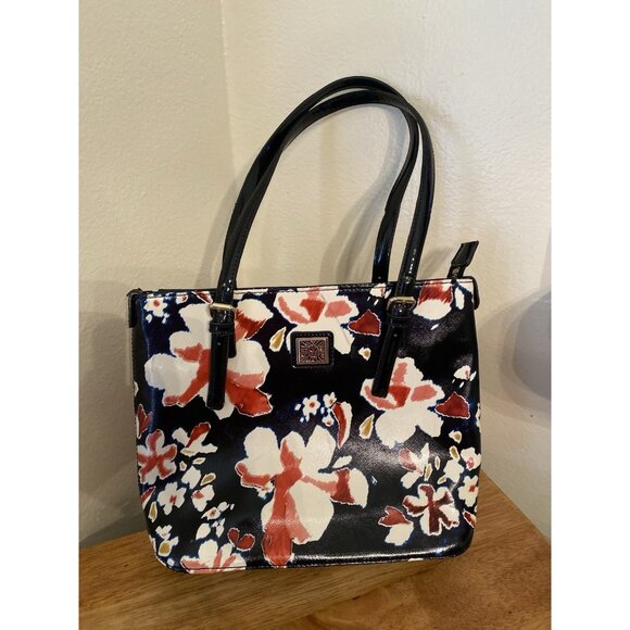 LOFT ANN TAYLOR Black Red Floral SATCHEL HANDBAG PURSE Classy - Picture 1 of 7